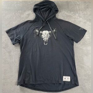 Under Armour Project Rock Distressed Gym Hooded T Shirt Men’s Large Gray *Holes